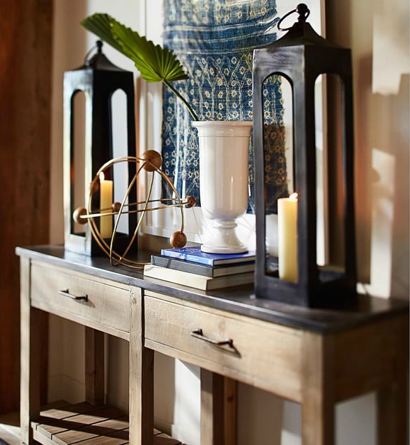 Pair-decorative-lanterns-console-table-family-room