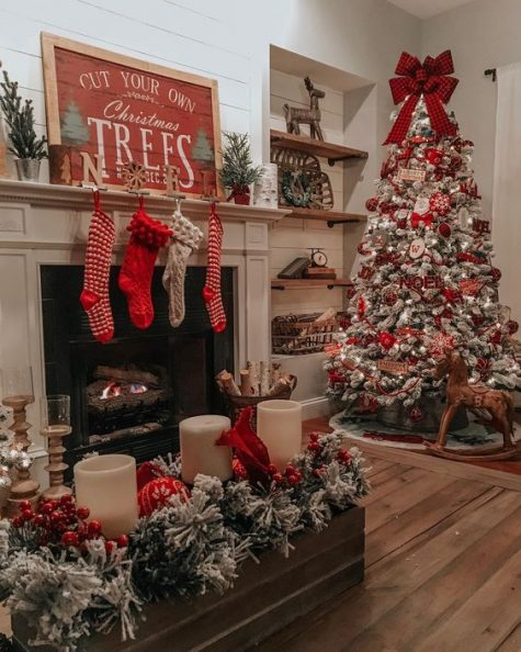25-vintage-red-and-white-christmas-decor-with-knit-stockings-flocked-evergreens-red-ornaments-and-lights