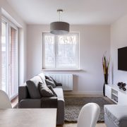 Living room with table, couch and television