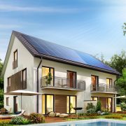 Townhouse with solar panels on the roof and a terrace and swimming pool