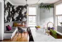 Dark floral wallpaper in a kitchen