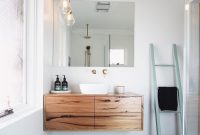 Floating vanity in bathroom
