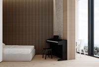 White apartment interior with industrial-style concrete statement walls 6