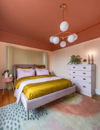 Half on half off style Uplifting Rug Layout Ideas For Fascinating Bedroom Decoration