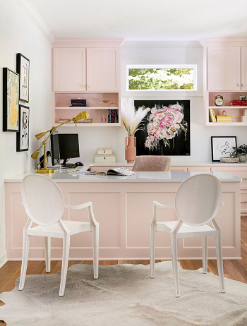 Pink built-in desk and book shelves Pinky Darling Look Of Feminine Home Office Décor Ideas For Peaceful Working Space