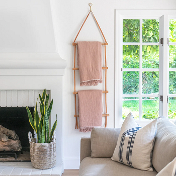 Wall hanging blanket ladder with leather straps Elevating Living Room Space With Forever Stylish Blanket Ladders