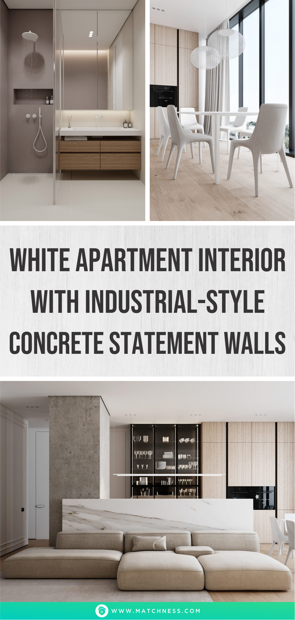 White apartment interior with industrial-style concrete statement walls1