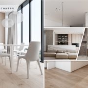 White apartment interior with industrial-style concrete statement walls2