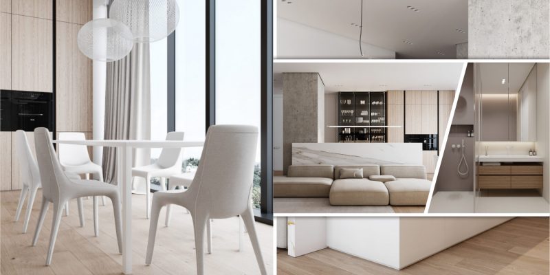 White apartment interior with industrial-style concrete statement walls2