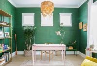 Bright home office with green grasscloth wallpaper