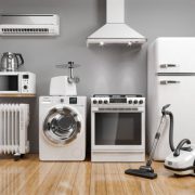 Set of home kitchen appliances in the room on the wall background. 3d render