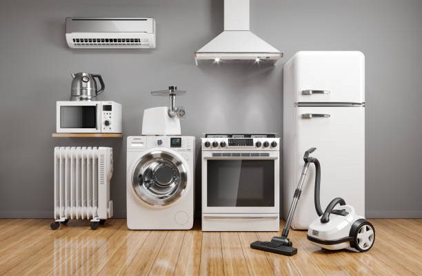 Set of home kitchen appliances in the room on the wall background. 3d render