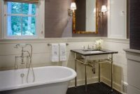 Vintage bathroom with taupe grasscloth wallpaper