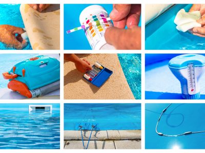 Collage close-up maintenance of a private pool
