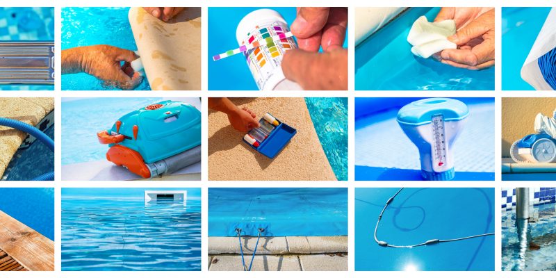 Collage close-up maintenance of a private pool