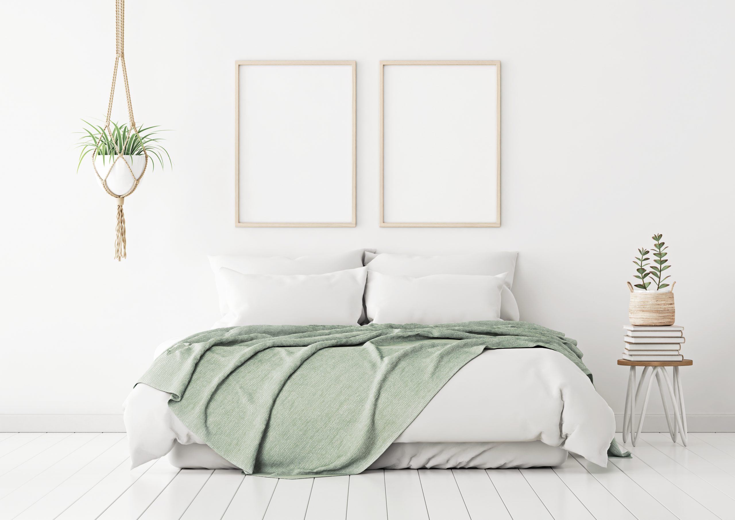 Poster mockup with two vertical frames on empty white wall in bedroom interior with bed, green plaid and plants. 3d rendering.