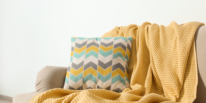 Cozy sofa with pillow and plaid near light wall. idea for living