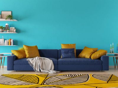 Modern living room with sofa and book shelf. 3d render