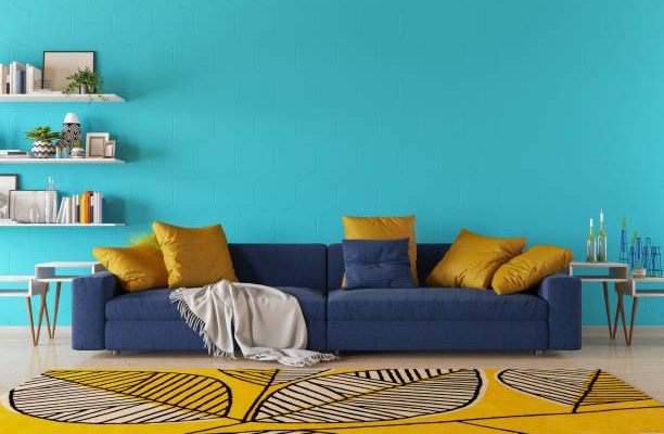 Modern living room with sofa and book shelf. 3d render