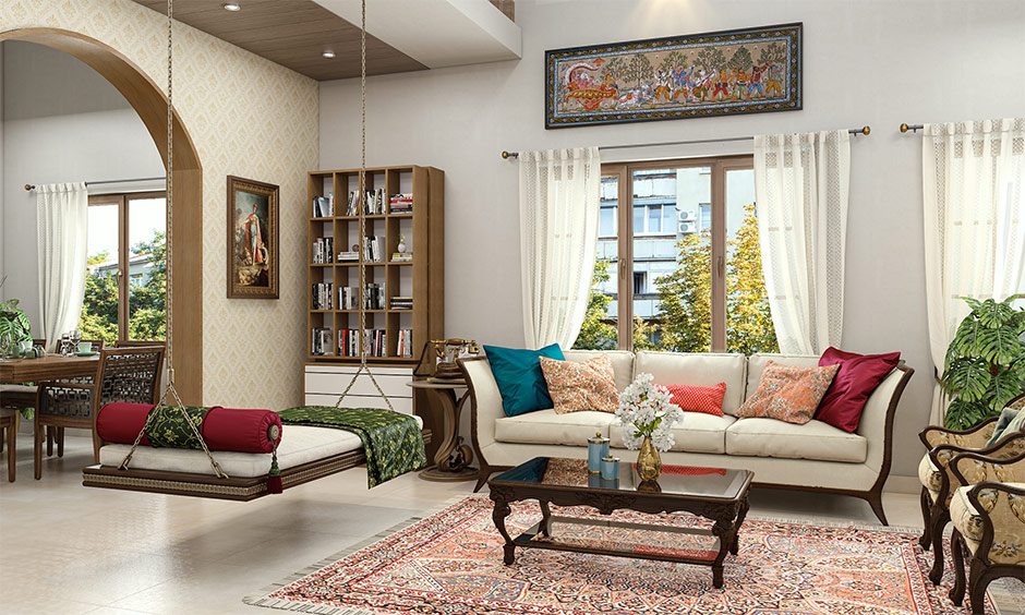 Traditional-indian-home-decor-with-wooden-swing