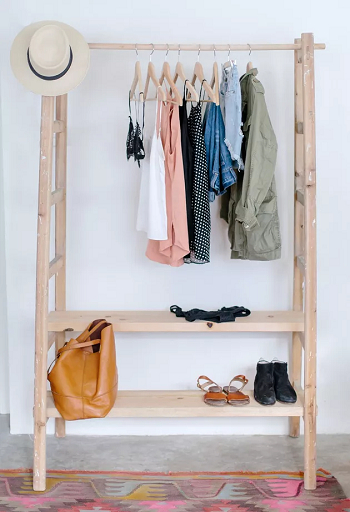 Open concept closet from ladder How To Decorate Home With Repurposed Wooden Ladder Ideas For Charming Look