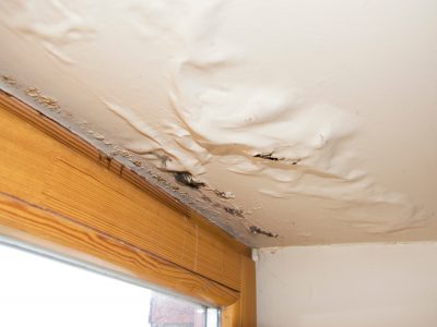 Water damaged ceiling next to window