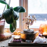 Feng shui nature theme altar at home table and on window sill. e