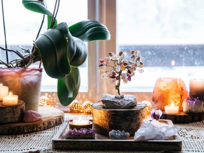 Feng shui nature theme altar at home table and on window sill. e