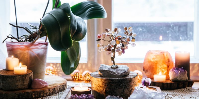 Feng shui nature theme altar at home table and on window sill. e