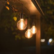 Electric incandescent light bulb street lamps glow brightly in the night park