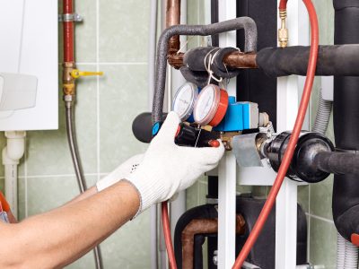 Maintenance engineer checking technical data of heating system.