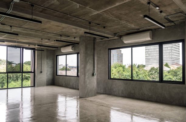 Interior industrial cement loft design concept modern home office