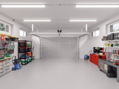Interior of an empty modern garage in a house.