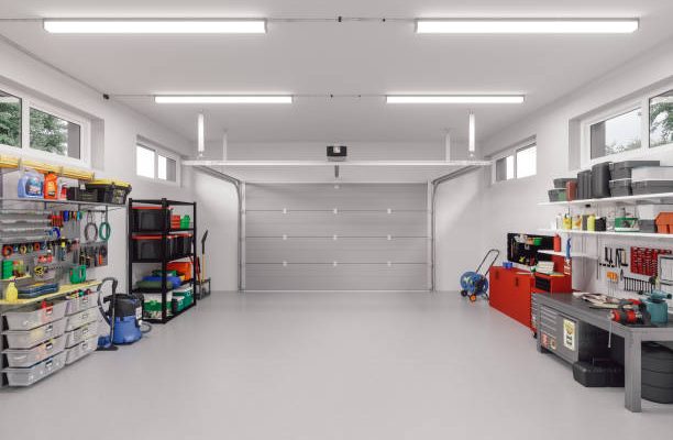 Interior of an empty modern garage in a house.