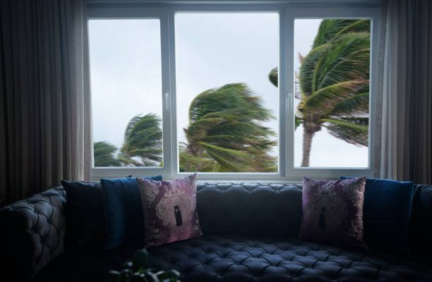 Indoor view of close up window and waving palm trees in windy tropical storm