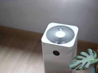Air purifier in comfortable living room with house plant on the wooden floor.