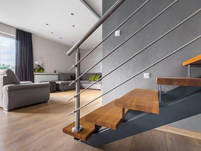 New design light open living room with balcony and wooden staircase