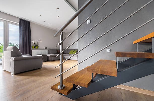 New design light open living room with balcony and wooden staircase