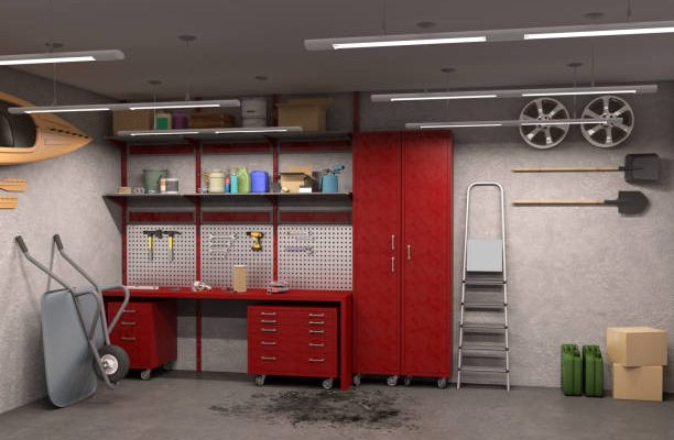 Big garage interior with oncrete walls; 3d illustration