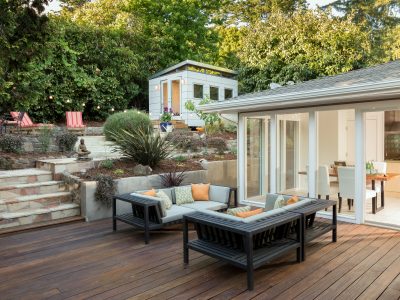 Amazing wooden deck and furniture at private home.