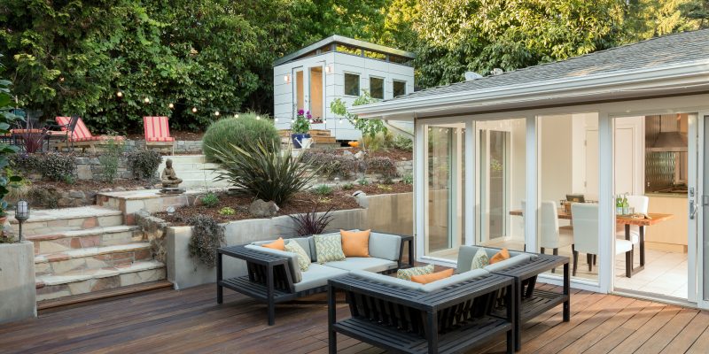 Amazing wooden deck and furniture at private home.