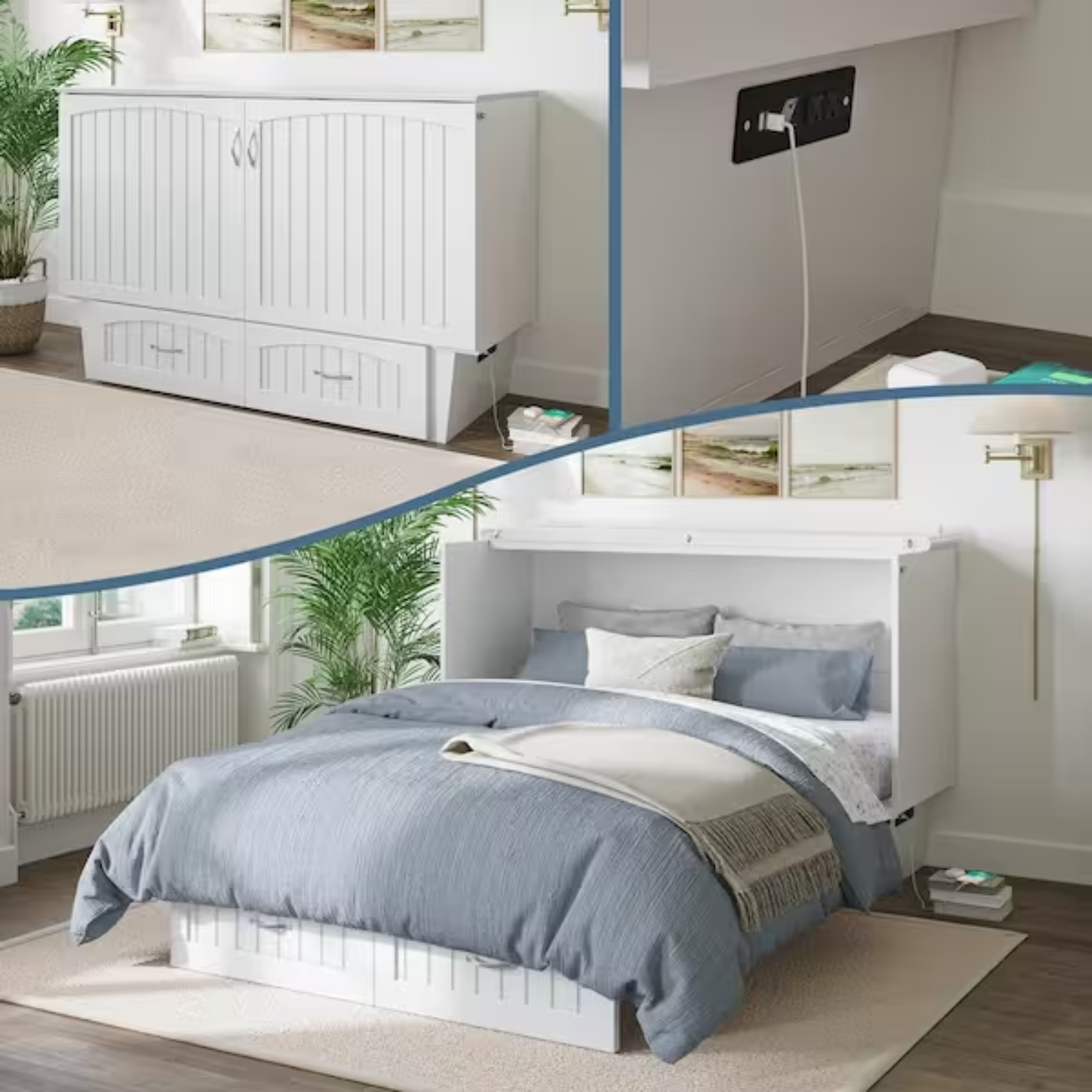 Nantucket murphy bed white queen chest with charging station and coolsoft mattress