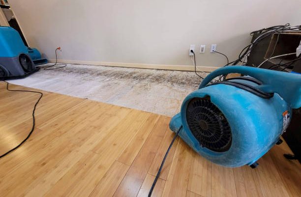 Air mover and a dehumidifier in place to dry a floor after a pipe break.