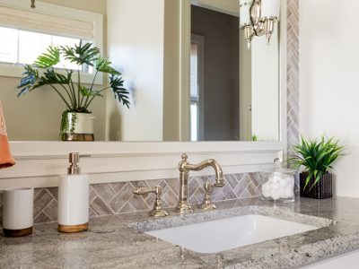 Vanity with mirror in luxury home