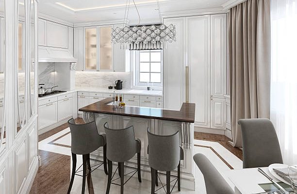 Kitchen-dining room art deco style. 3d render