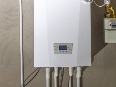 New gas boiler with gas meter hanging on the wall in the new house