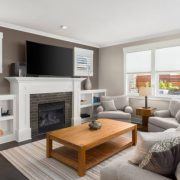 Furnished living room in newly constructed luxury home