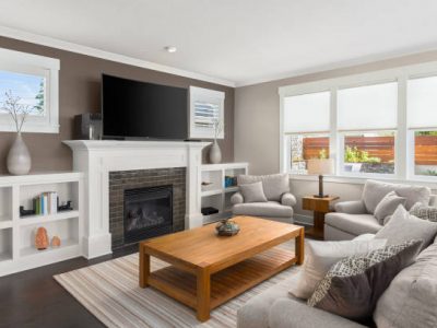 Furnished living room in newly constructed luxury home