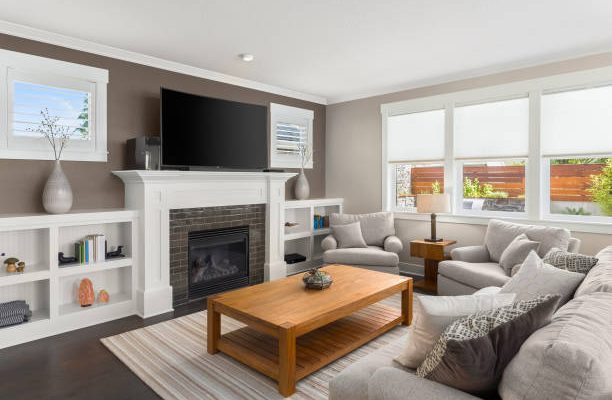 Furnished living room in newly constructed luxury home