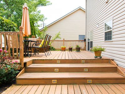 Patio and garden of family home at summer